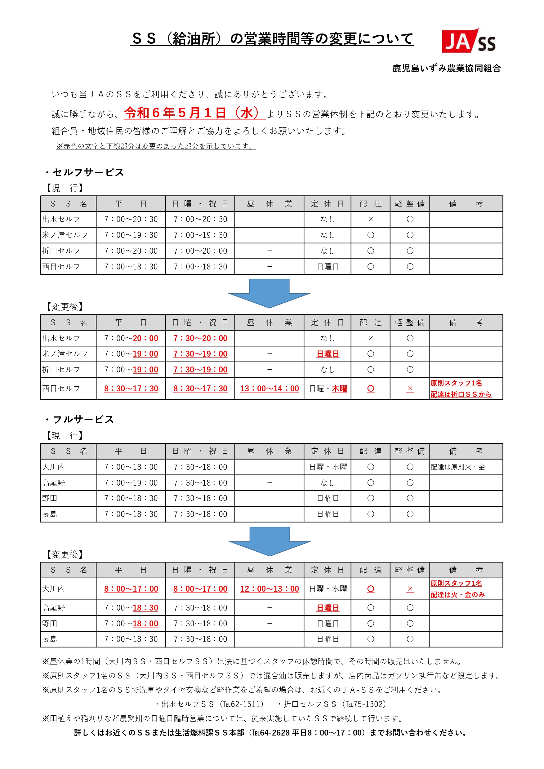SS（給油所）の営業時間等の変更について - JA鹿児島いずみ